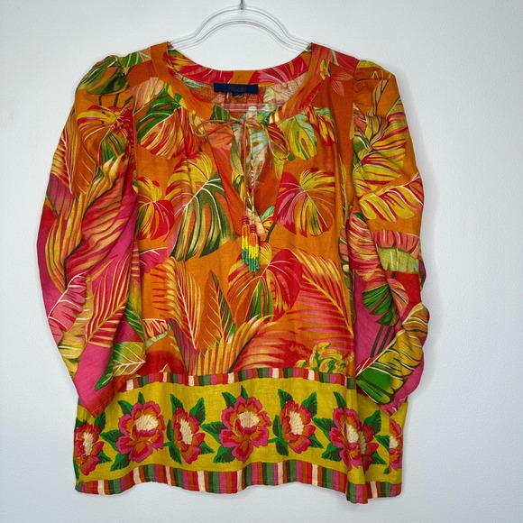 RACHEL Rachel Roy Tops - Rachel Roy Linen Blend Top Size M Floral‎ Tropical Colorful Beaded Tassels